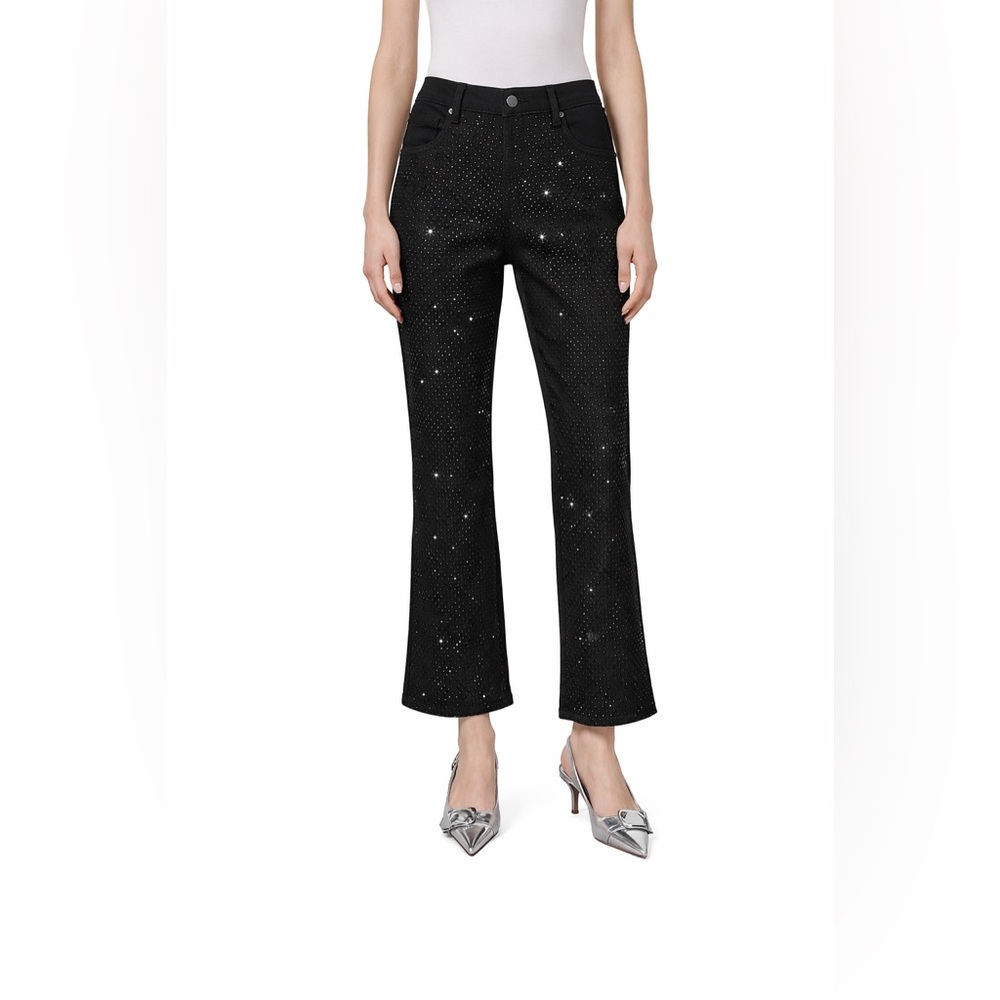 Ming Wang Black Crystal Stud Flare Ankle Jeans Size 8
